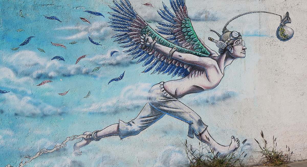 This captivating mural features a beautifully detailed image of a woman with delicate wings, soaring gracefully through a vibrant sky. The artwork's enchanting colors and ethereal imagery evoke a sense of freedom and tranquility, making it perfect for use in interior design, art blogs, and inspirational content. Whether for a children's room, a gallery exhibit, or digital backgrounds, this piece adds a touch of magic and whimsy to any project.
